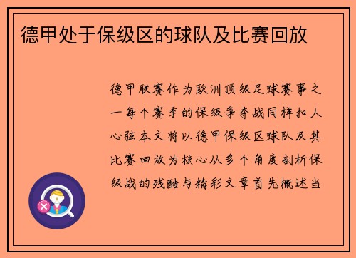 德甲处于保级区的球队及比赛回放