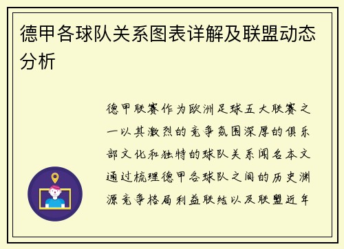 德甲各球队关系图表详解及联盟动态分析
